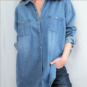 J Jill Denim Western Pearl Snap Button Up Shirt Blue Coastal Cowgirl Rodeo-XS